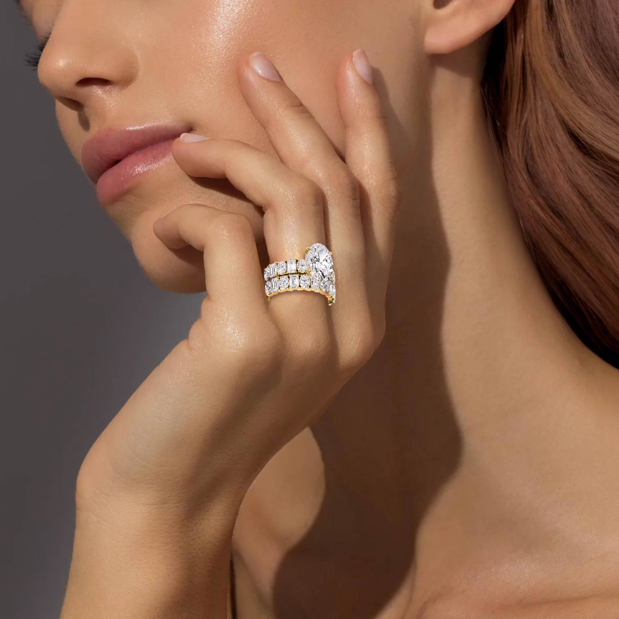 14ct Yellow Gold Lab Grown Diamond Engagement Ring — 6.43ctw Oval Hidden Halo (Mixed Cuts)