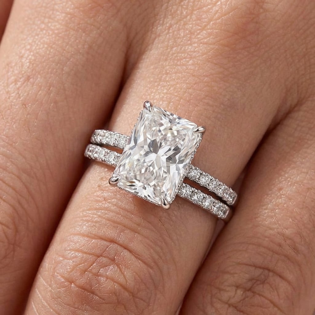 3.50ct Radiant Cut Cathedral Bridal Set — Hidden Halo & Matching Pavé Band (18ct White Gold)