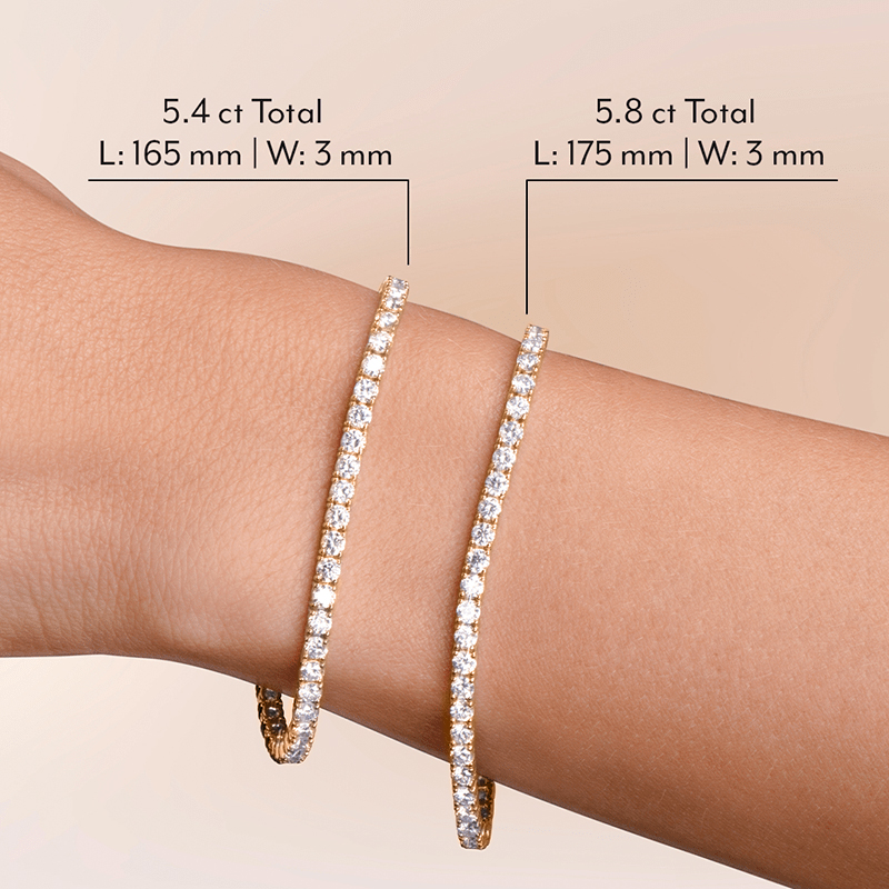 Tennis bracelet length comparison on the wrist — 165mm vs 175mm
