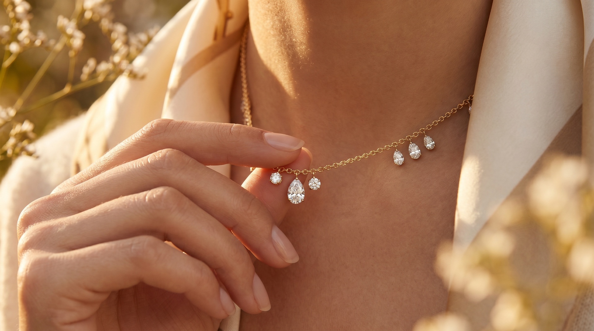 MARA Bridal pear-cut diamond charm necklace in 18ct yellow gold