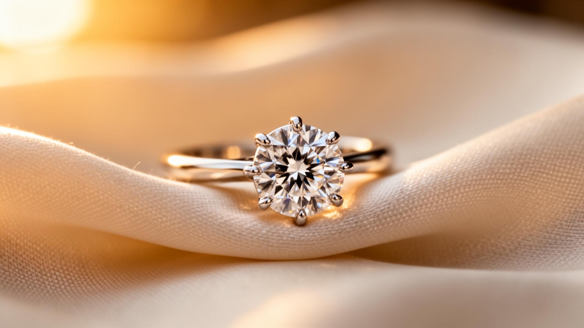 Brilliant-cut diamond solitaire engagement ring on warm ivory silk