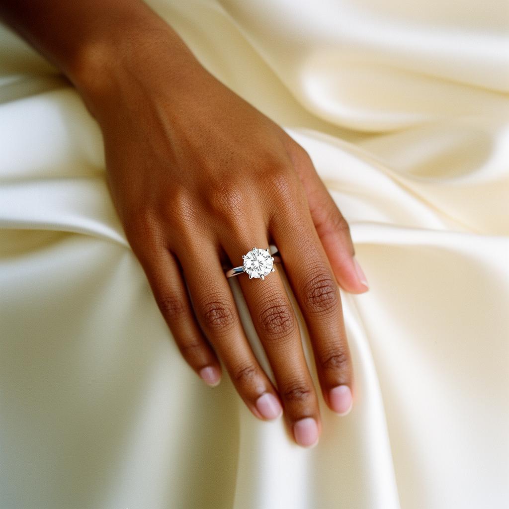 Knife-edge six-prong solitaire on an olive-skinned hand draped over ivory silk
