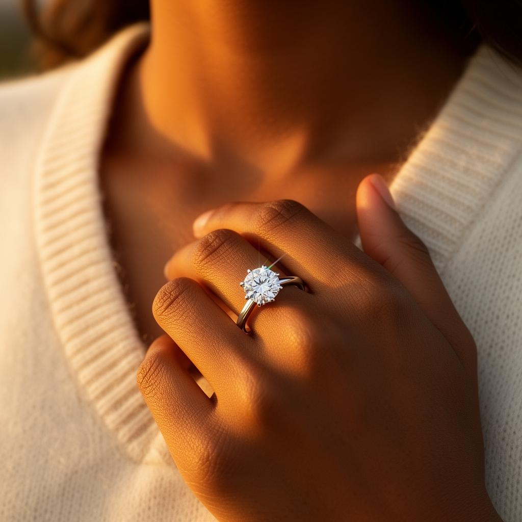 Knife-edge six-prong solitaire on an olive-skinned hand in golden hour light