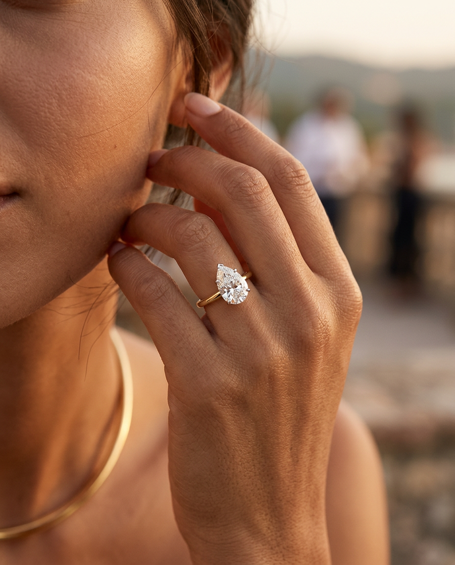 Aurélie pear solitaire — hand raised near the face in golden light