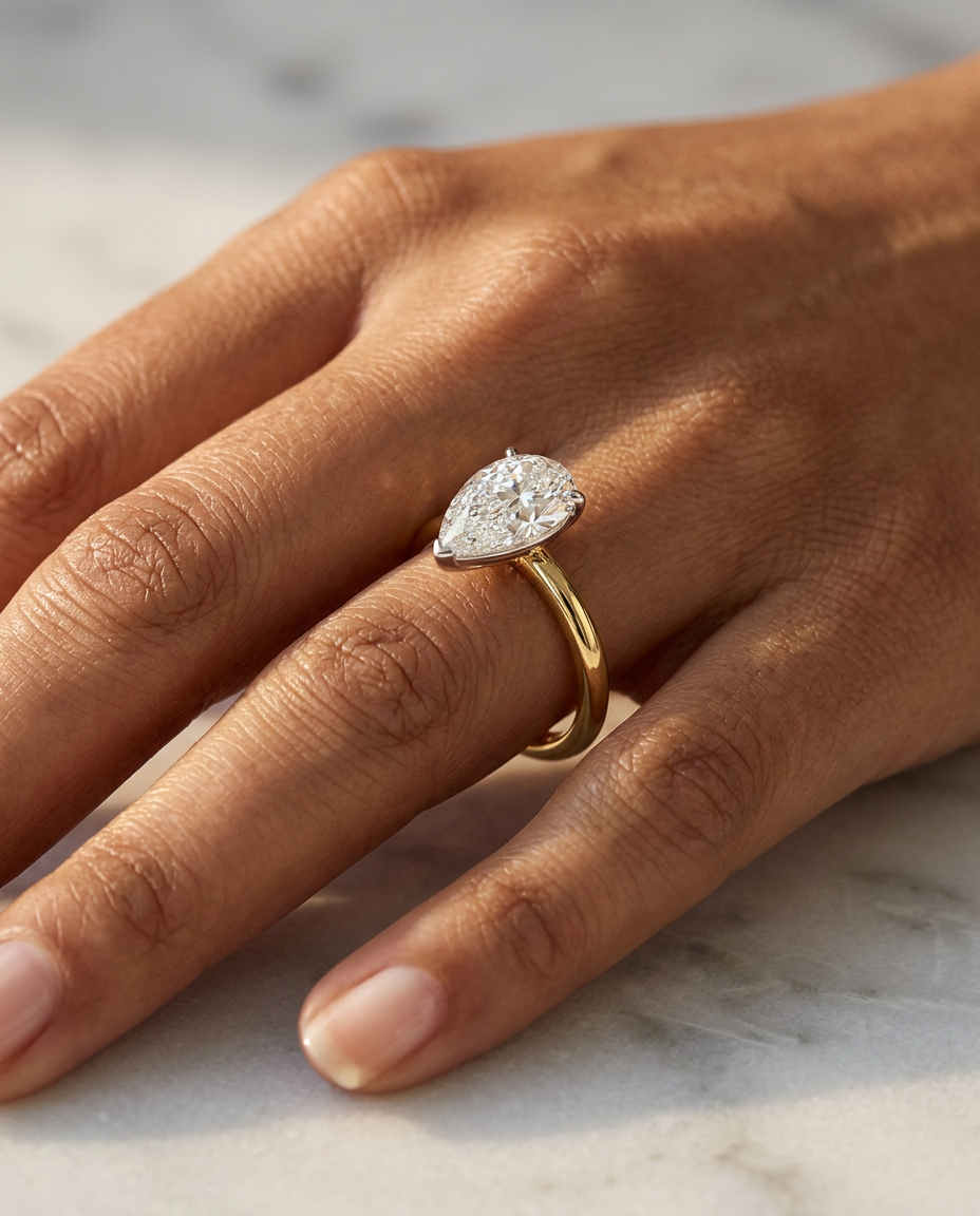 Aurélie pear solitaire — side profile on pale marble